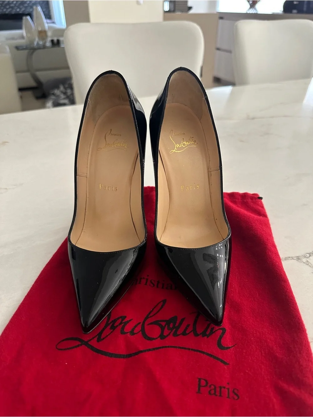 Christian Louboutin So Kate Black Patent Leather Pointed Toe Stiletto Pumps
